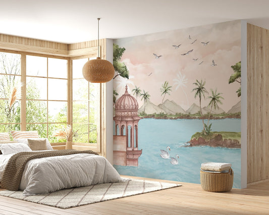 Lakeside wallpaper mural featuring a pink stone gazebo and white swans on blue water.