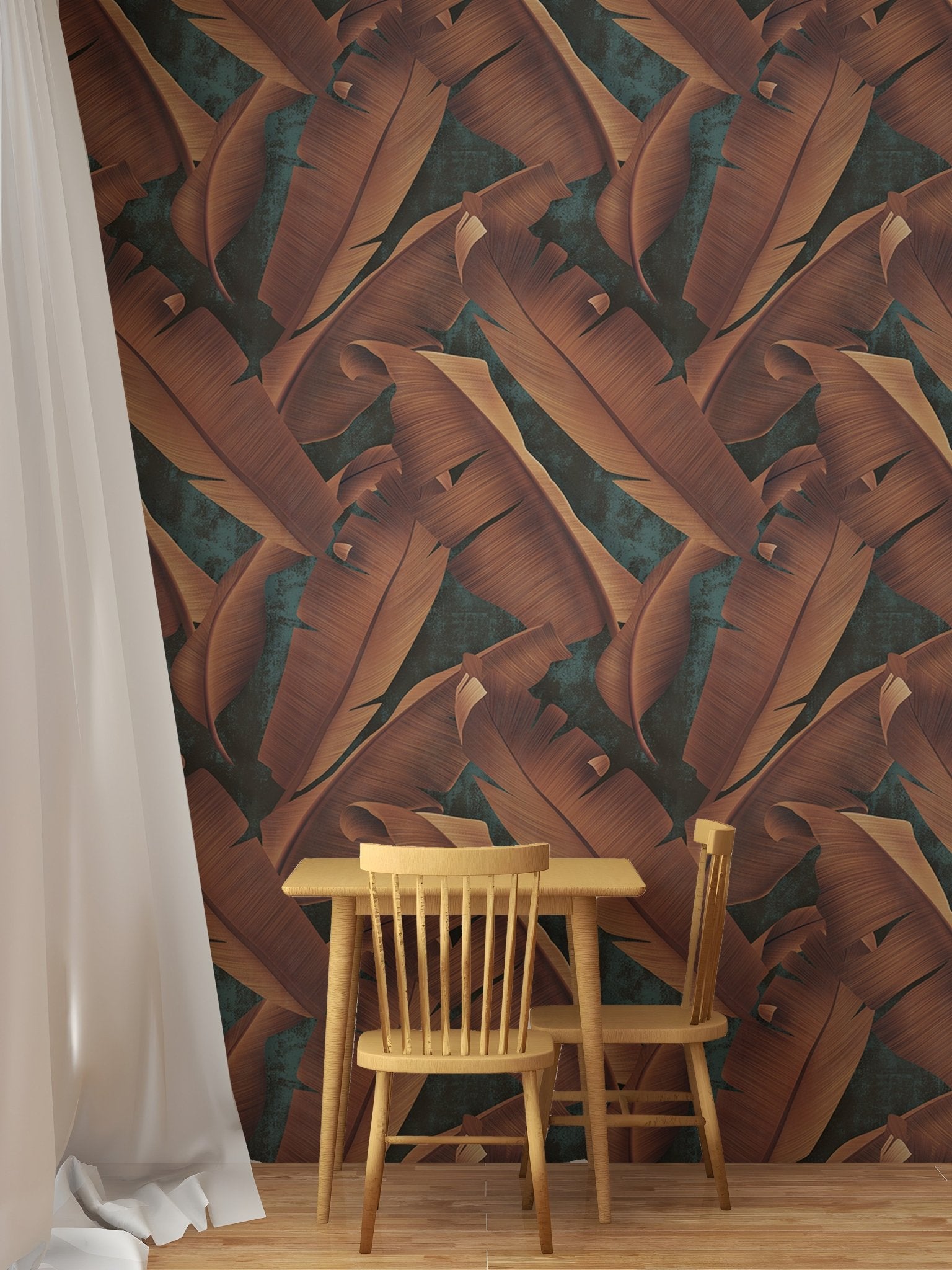 Large autumn tree leaves concrete wallpaper in a dining area with wooden chairs.