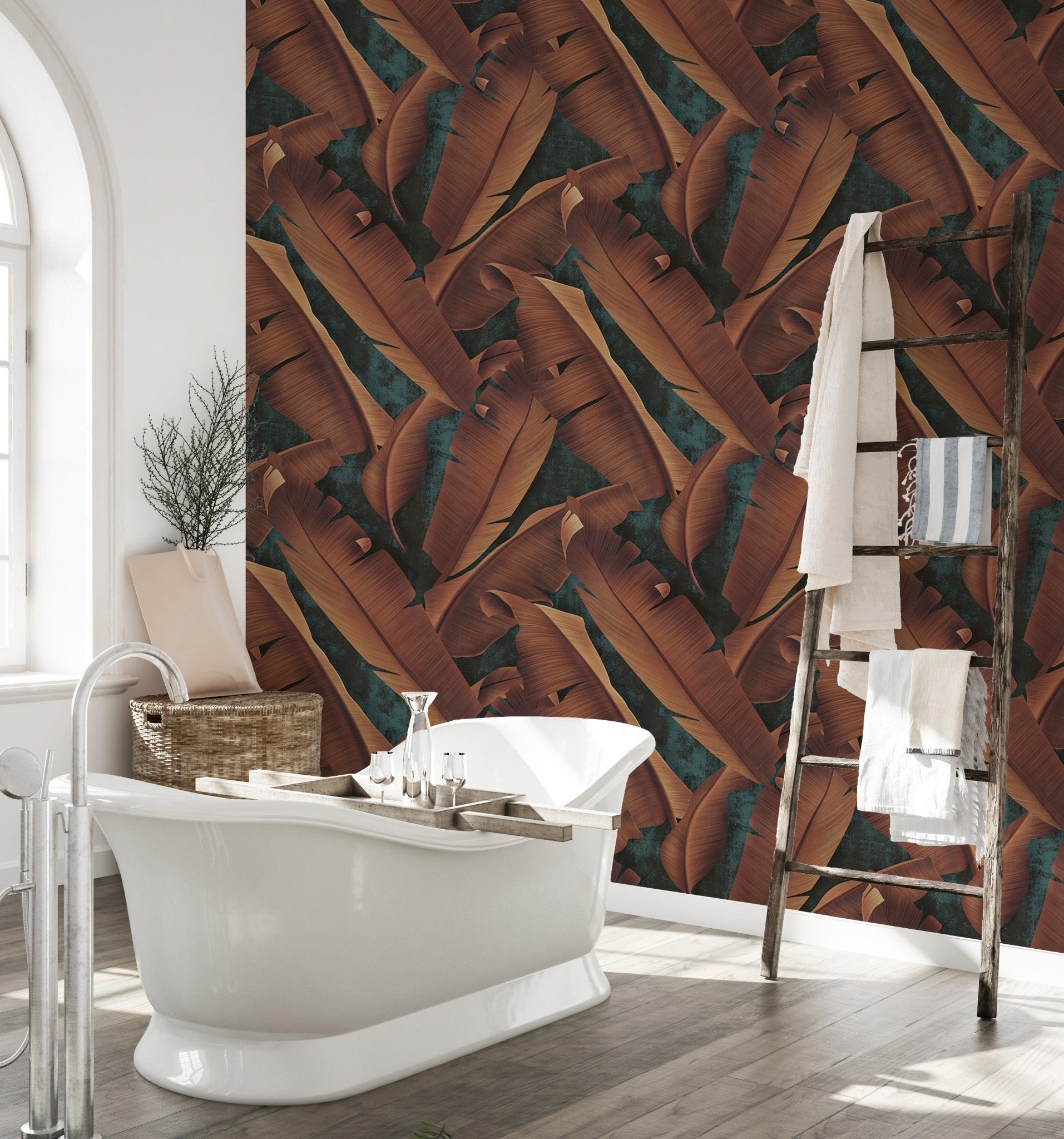 Large autumn tree leaves concrete wallpaper in a bathroom with a white tub.