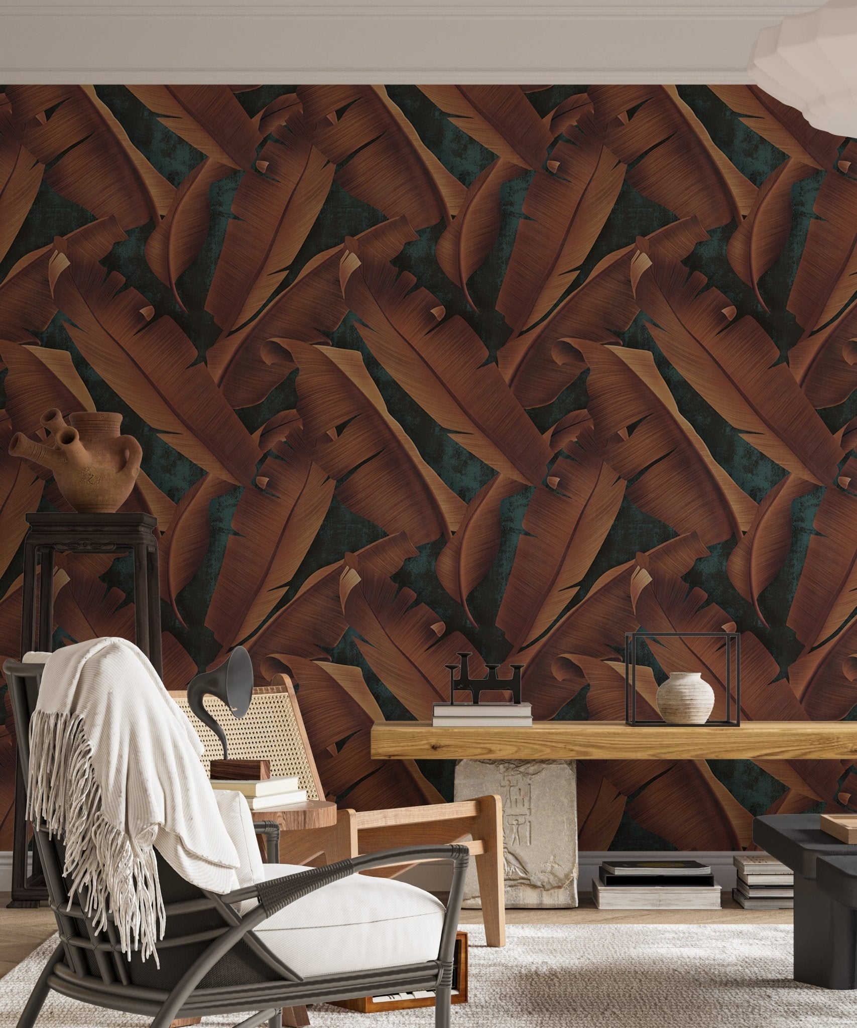 Concrete texture leaf wallpaper in a home office with a grey chair.
