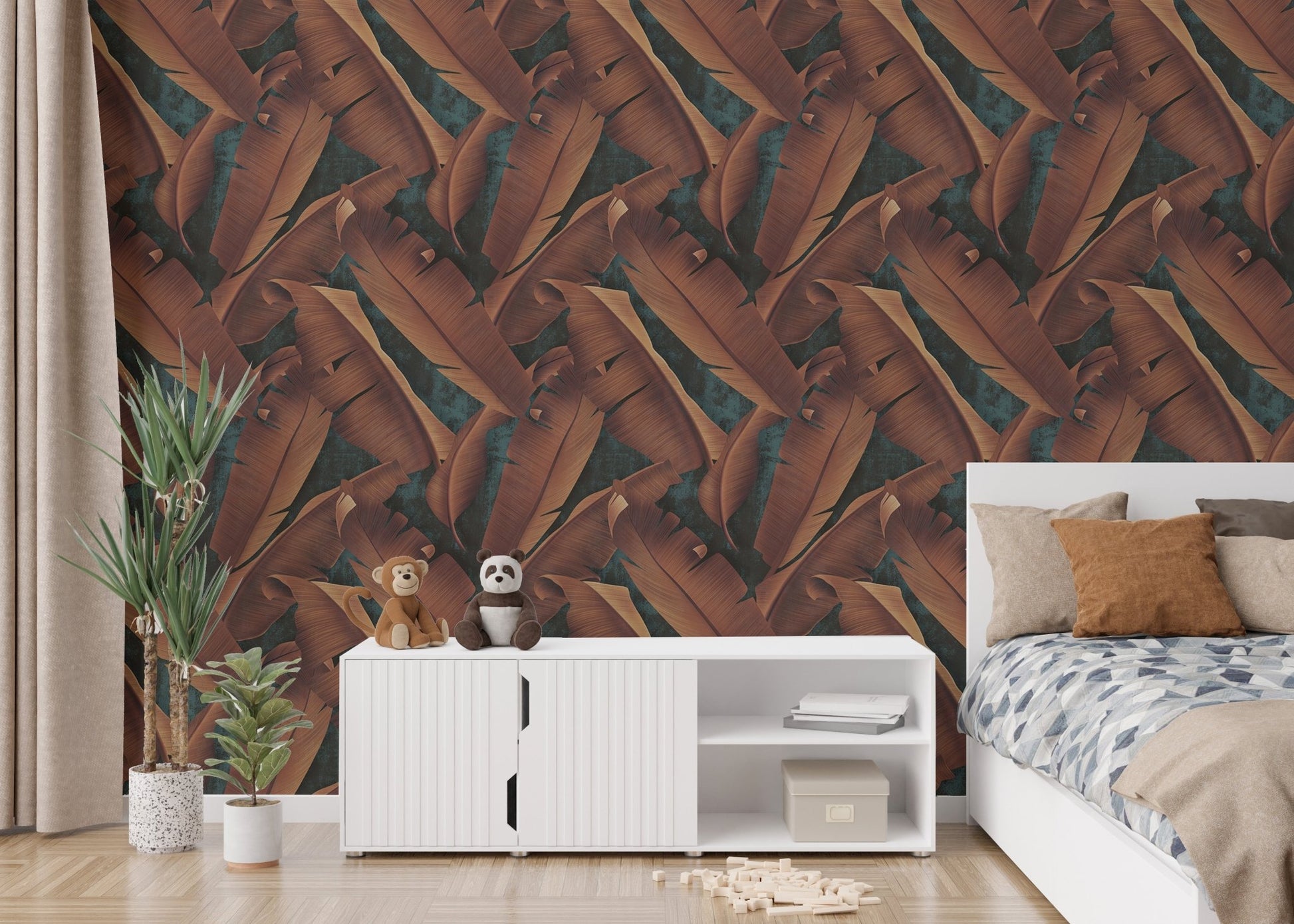 Nature leaves pattern wallpaper in a bedroom with a white console and bed.