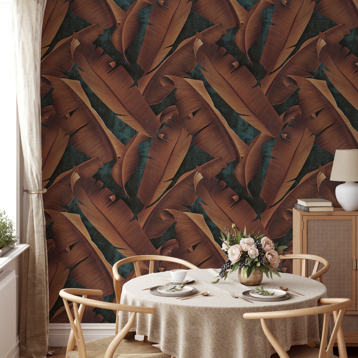 Large autumn tree leaves concrete wallpaper in a dining room with a round table.