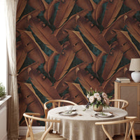 Large autumn tree leaves concrete wallpaper in a dining room with a round table.