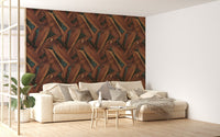 Leaves pattern wallpaper in a neutral lounge with a large cream sectional.