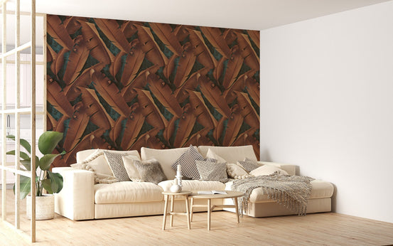Leaves pattern wallpaper in a neutral lounge with a large cream sectional.