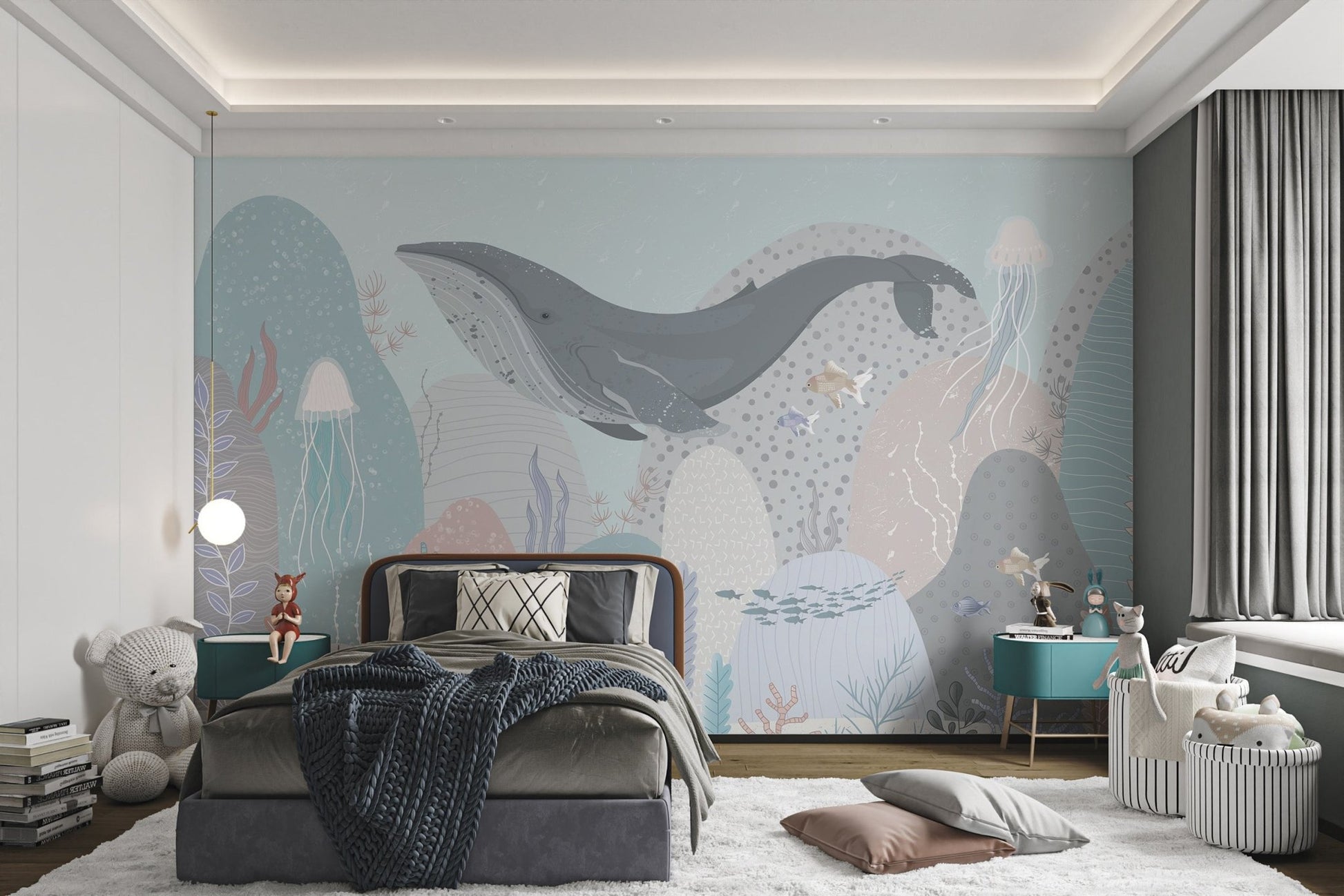 Whale swimming mural with soft ocean tones in kids bedroom.