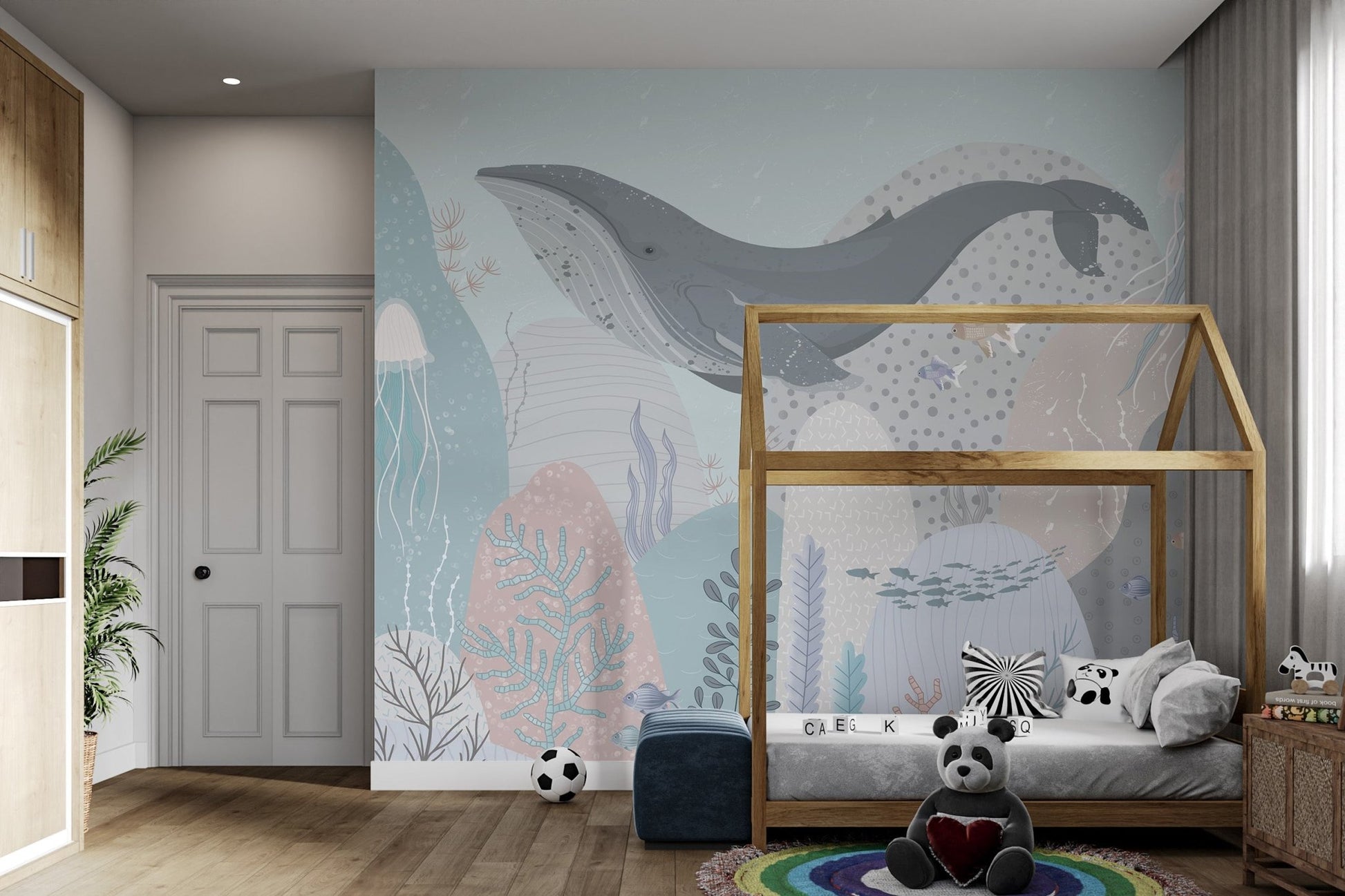 Underwater scene wall mural with light pink and grey sea elements.