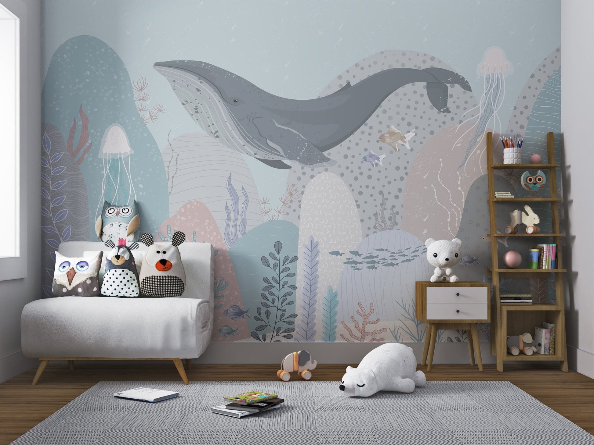 Tranquil underwater scene wall art mural for nursery.