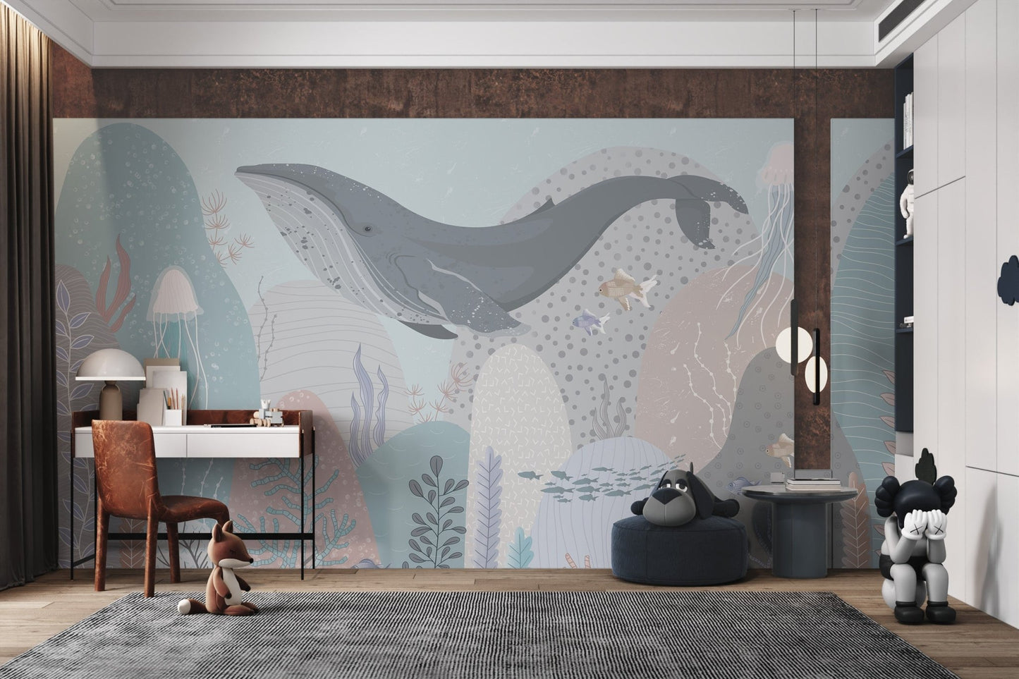 Minimalist ocean mural with a large whale for study area.