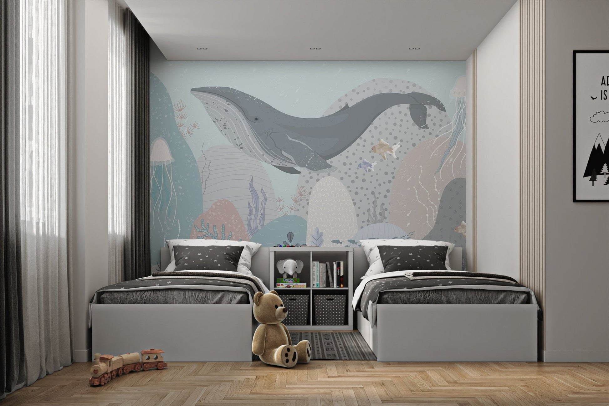 Ocean-inspired mural for serene twin bedroom interiors