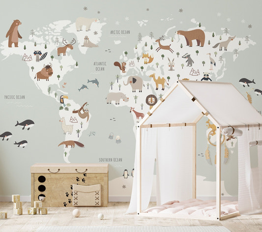 Large world map mural featuring animals for baby room.

