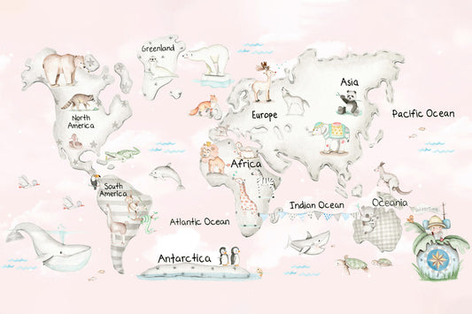 Animal World Map Adventure Wall Mural