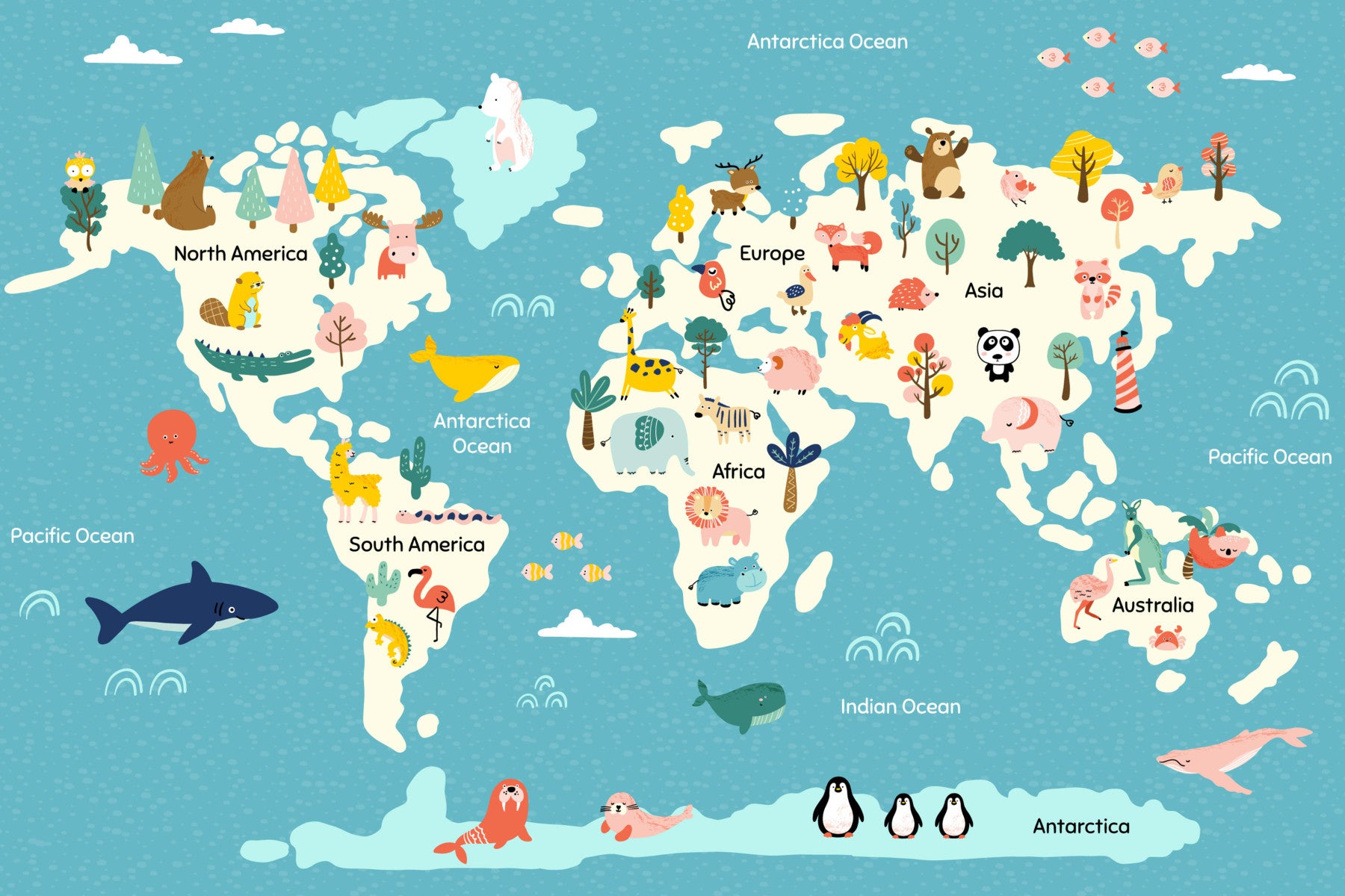 Animal Adventure World Map Wall Mural