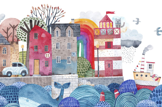 Coastal Village Watercolor Wall Mural