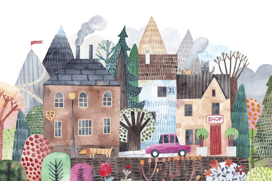 Watercolor Village Vista Wall Mural