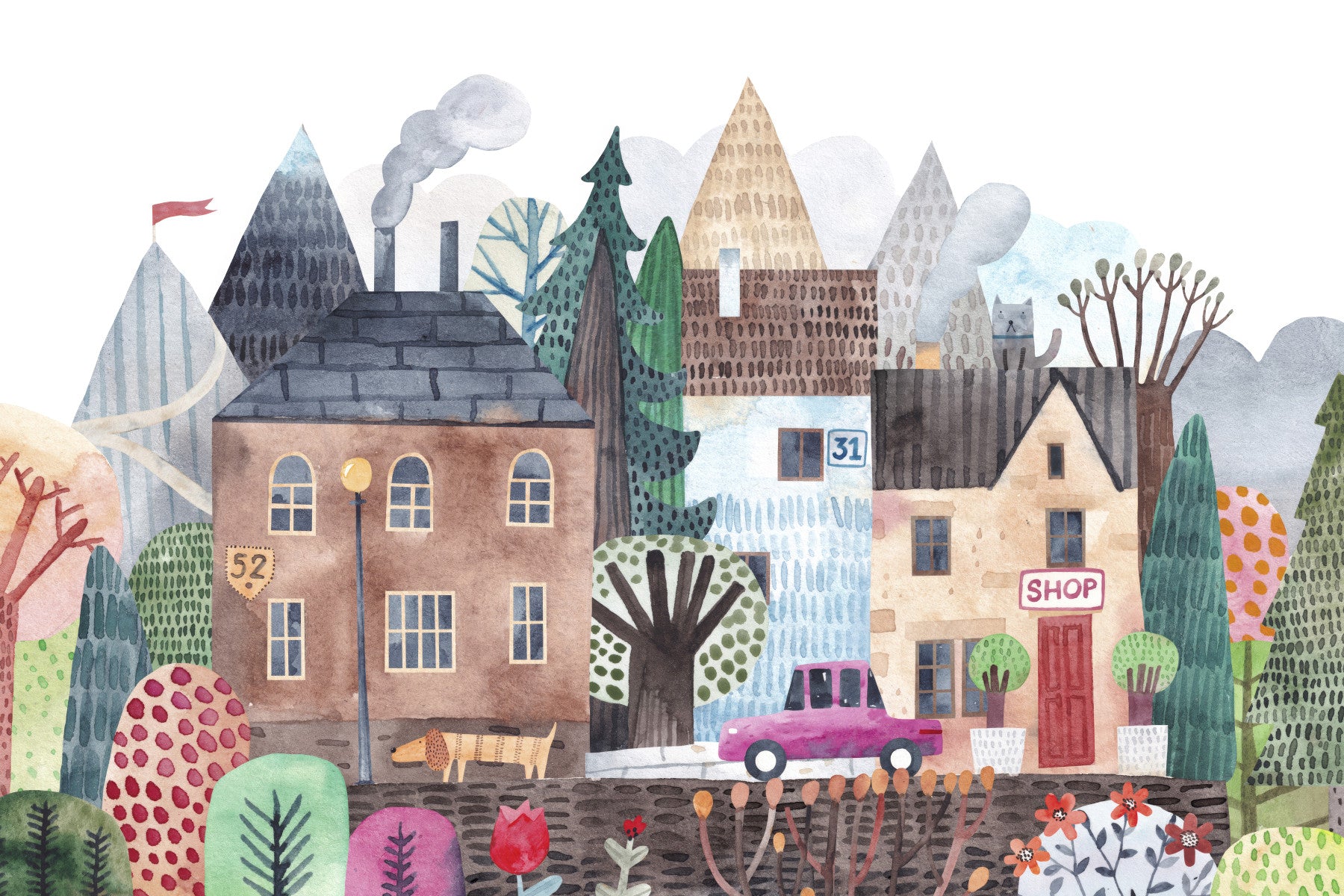 Watercolor Village Vista Wall Mural