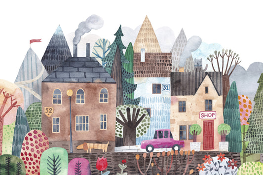 Watercolor Village Vista Wall Mural