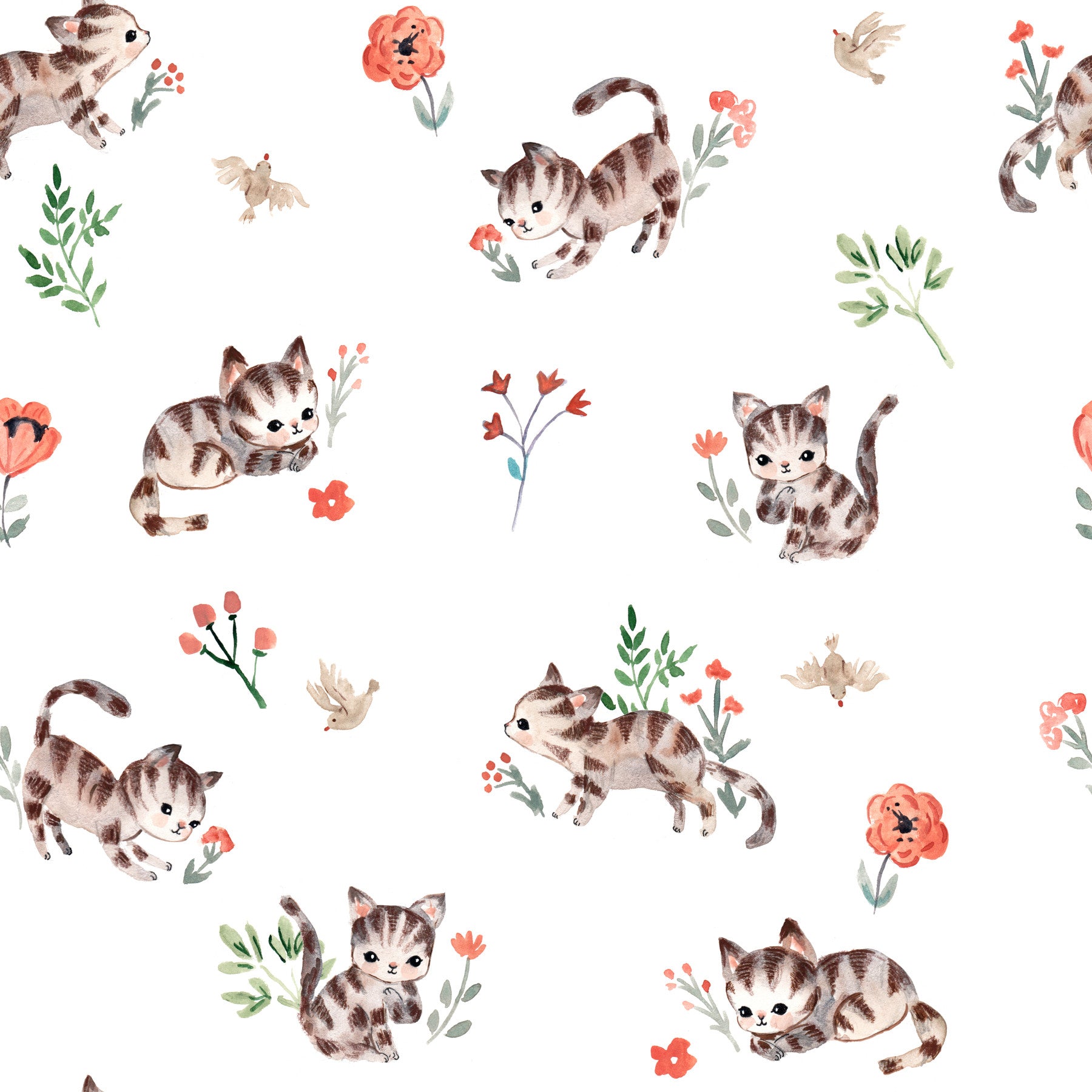 Watercolor Kitties in Bloom Wallpaper⁠