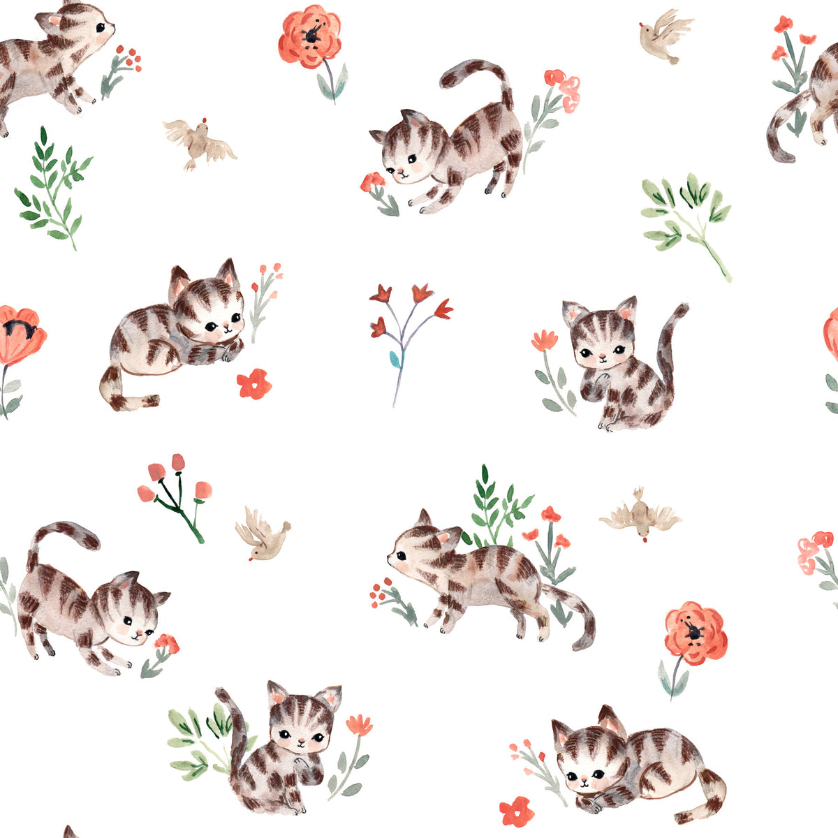 Watercolor Kitties in Bloom Wallpaper⁠ in your room — zoomed