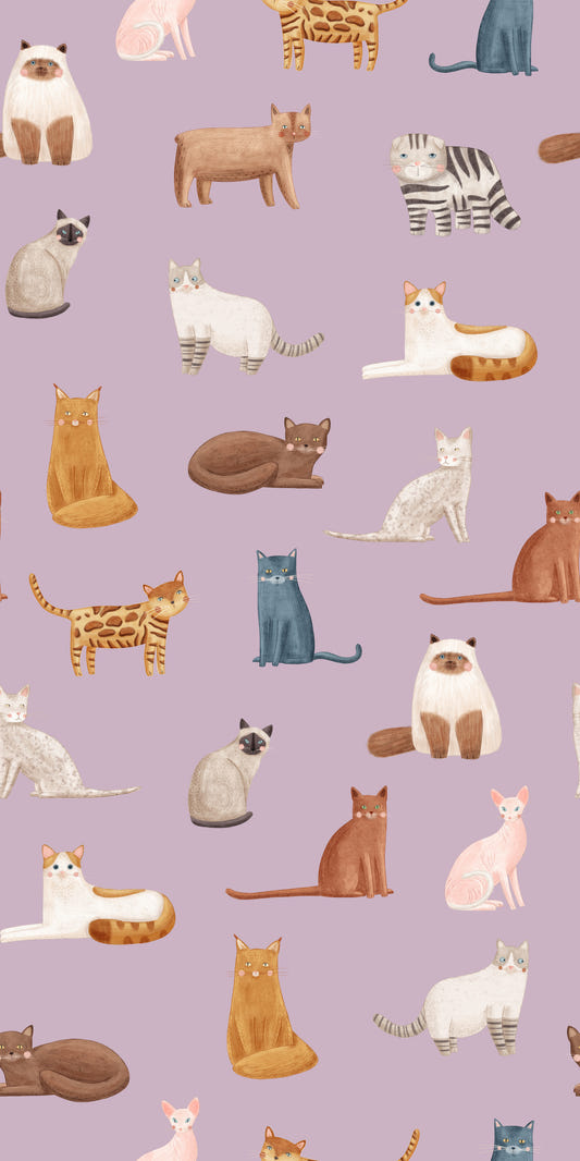Whimsical Cat Parade Lilac Wallpaper⁠