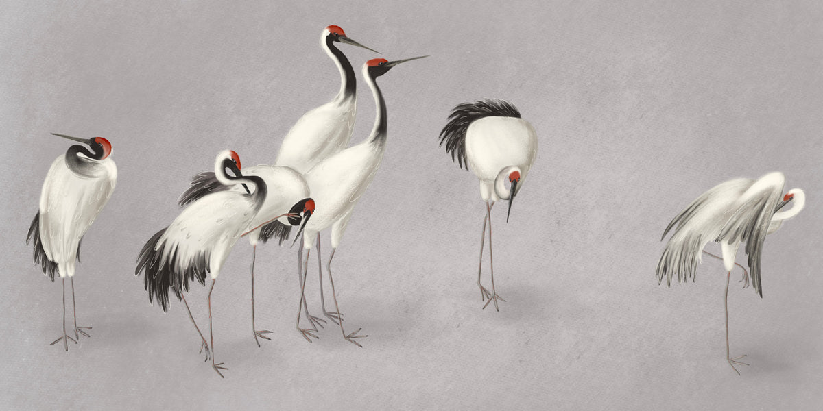 Tranquil Crane Ensemble Wall Mural in your room — zoomed