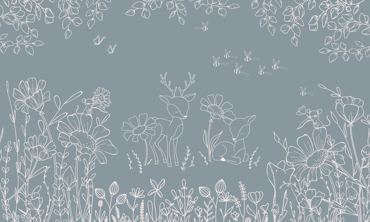 Deer Doodles Blue Wall Mural in your room — zoomed