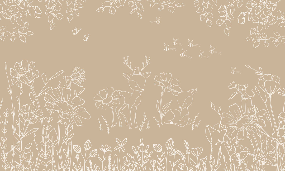 Deer Doodles Brown Wall Mural in your room — zoomed