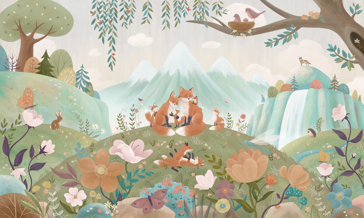 Fox Family Wall Mural in your room — zoomed