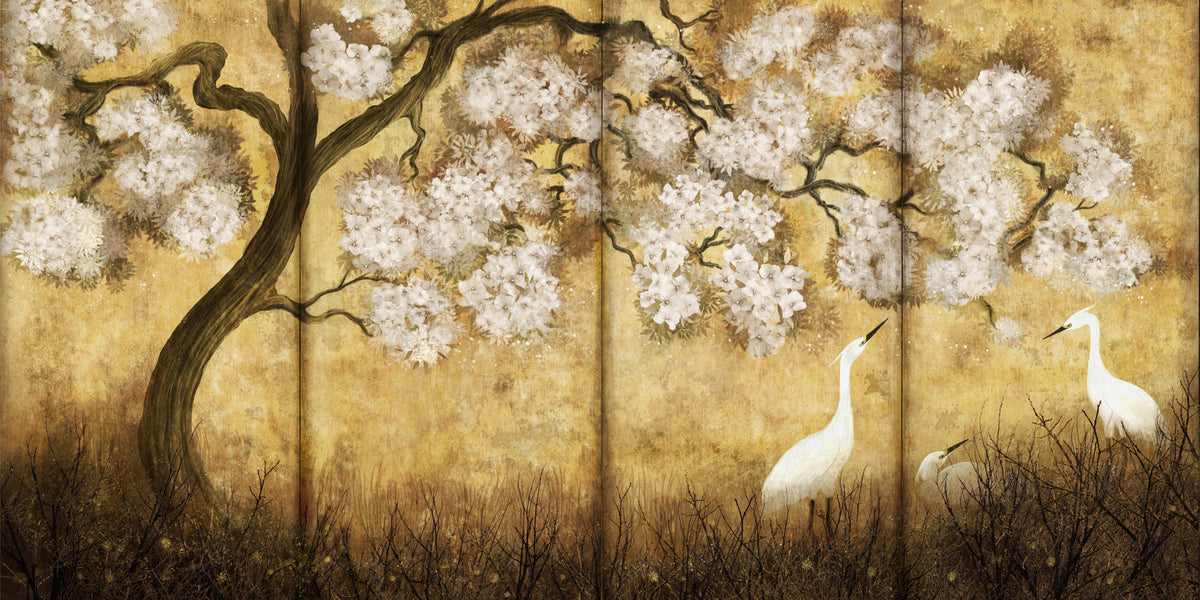 Imperial Gold Blossom & Cranes Wall Mural in your room — zoomed