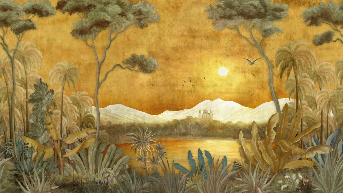 Golden Oasis Landscape Wall Mural in your room — zoomed