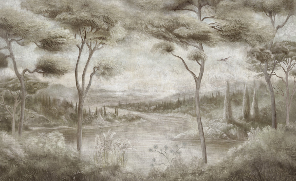 Whispering Pines Lake Mist Wall Mural in your room