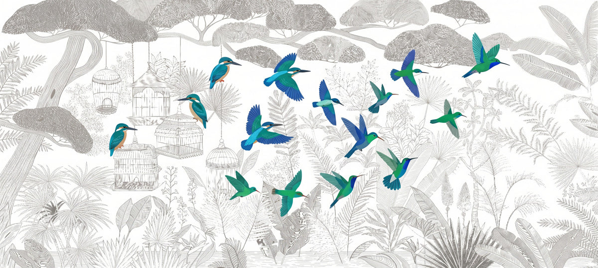 Enchanted Canopy Sketch with Colorful Flying Birds Wall Mural in your room