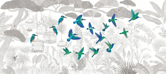 Enchanted Canopy Sketch with Colorful Flying Birds Wall Mural