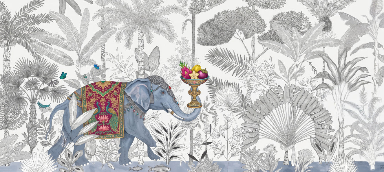 Exotic Chinoiserie Elephant and Palm Tree Wall Mural