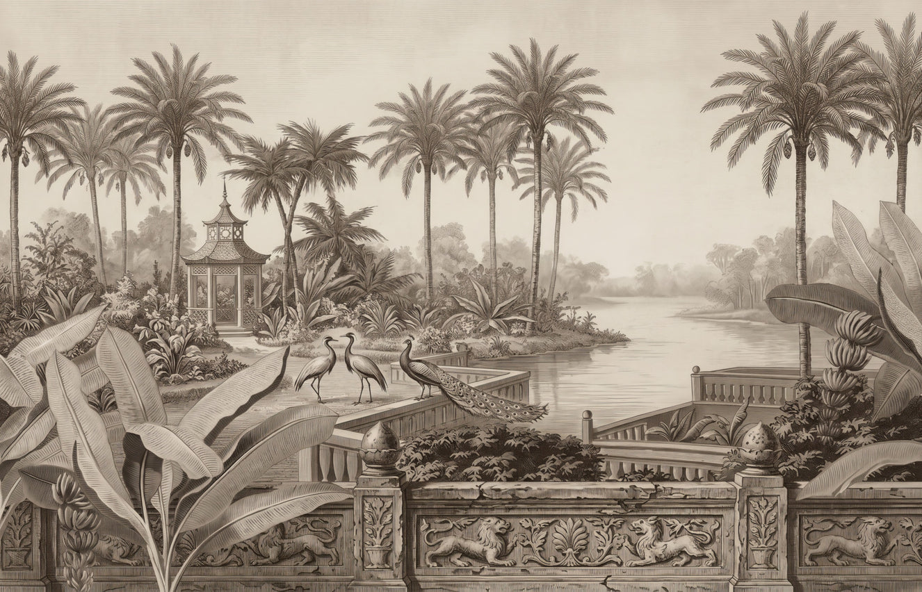 Vintage Chinoiserie Peacock and Palms Wall Mural