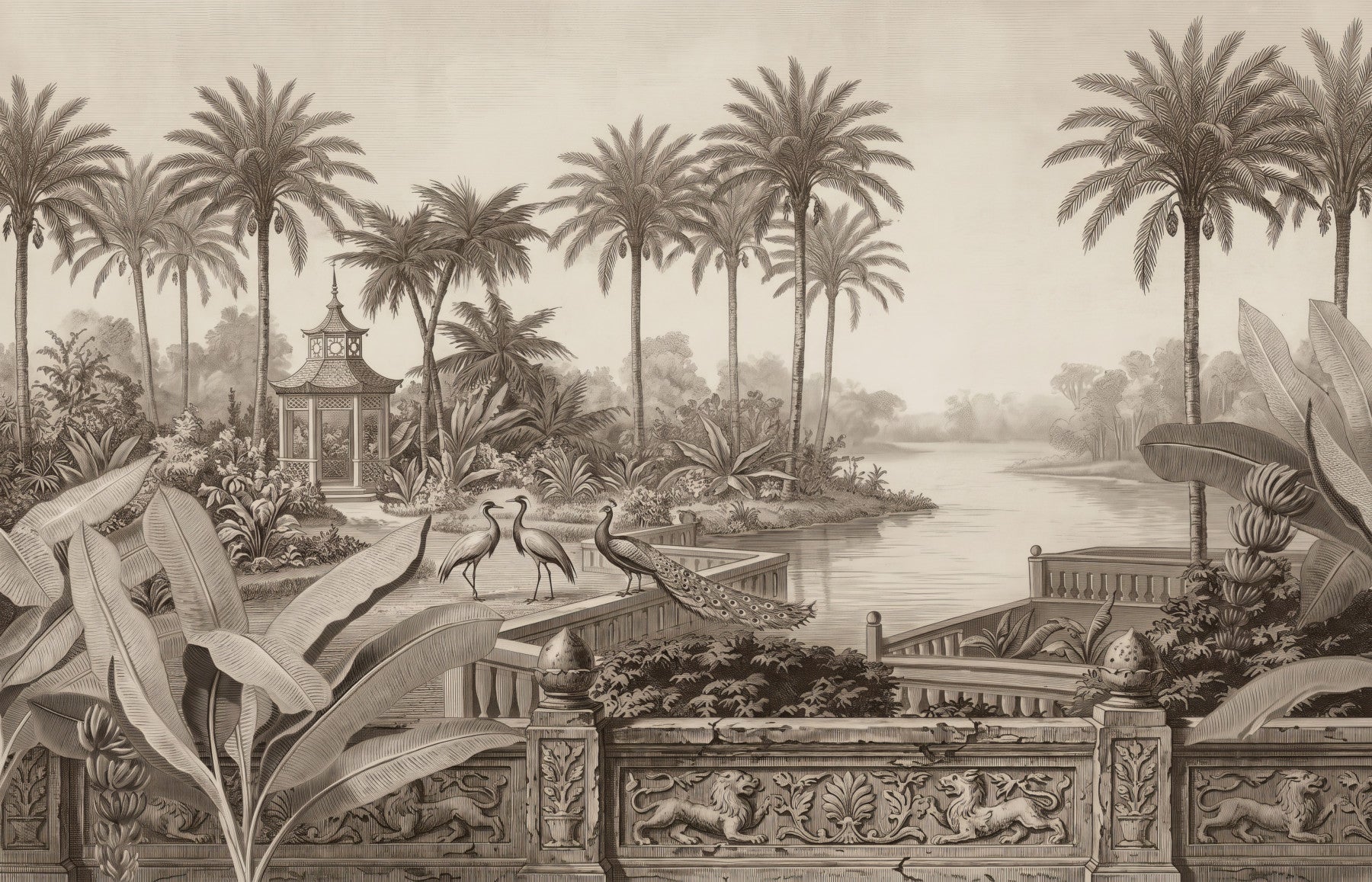 Vintage Chinoiserie Peacock and Palms Wall Mural