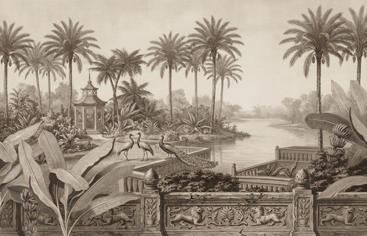 Vintage Chinoiserie Peacock and Palms Wall Mural