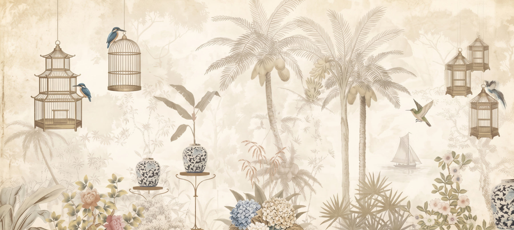 Antique Sepia Tropical Garden Wall Mural