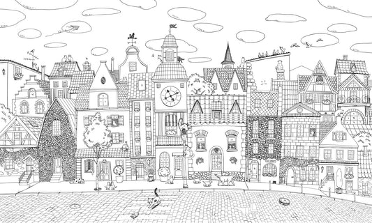 Charming Black and White Town Street Illustration Wall Mural