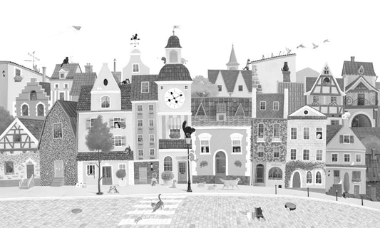 Charming European Village Cat and Dog Scene Wall Mural