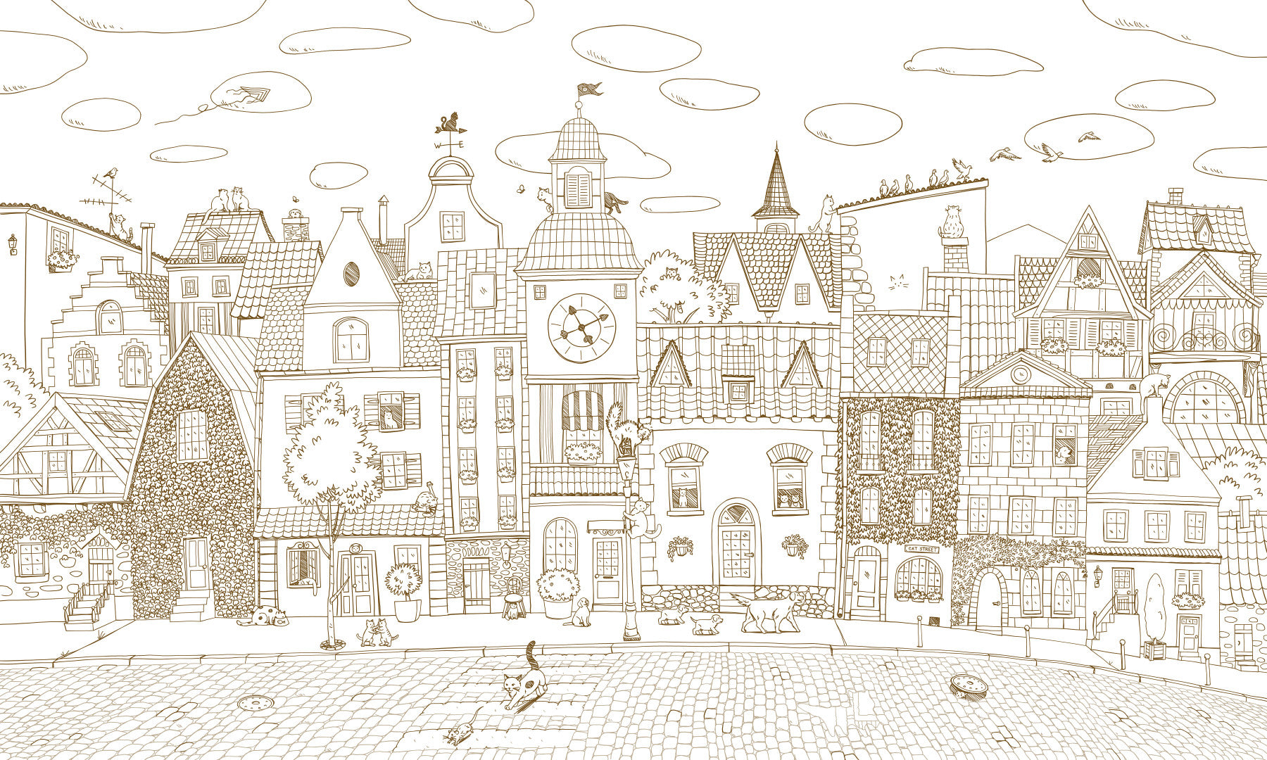 Charming Cats Of The Old Town Illustration Wall Mural