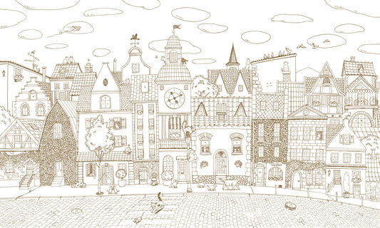 Charming Cats Of The Old Town Illustration Wall Mural