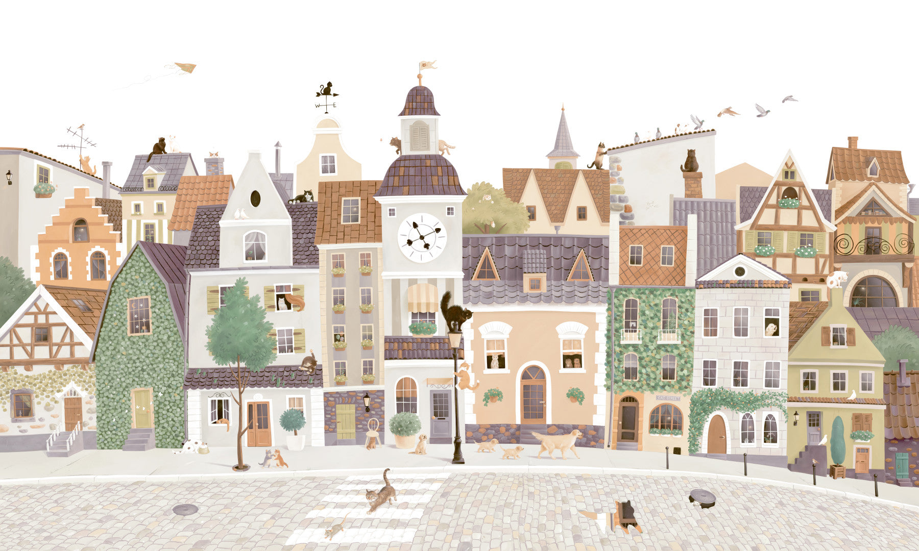 Whimsical European Street Scene with Charming Pets Wall Mural
