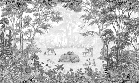 Monochrome Woodland Animals Forest Scene Wallpaper Wall Mural