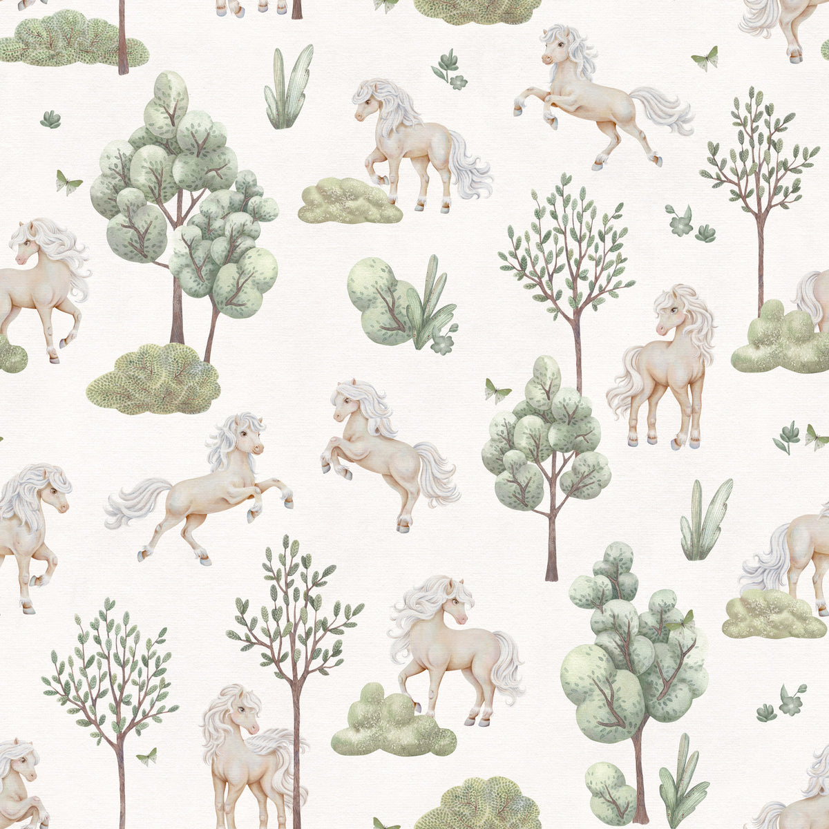 Whimsical Ponies and Trees Hand-Painted Botanical Wallpaper in your room