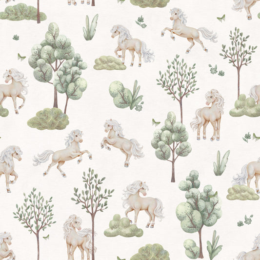 Whimsical Ponies and Trees Hand-Painted Botanical Wallpaper Wallpaper⁠