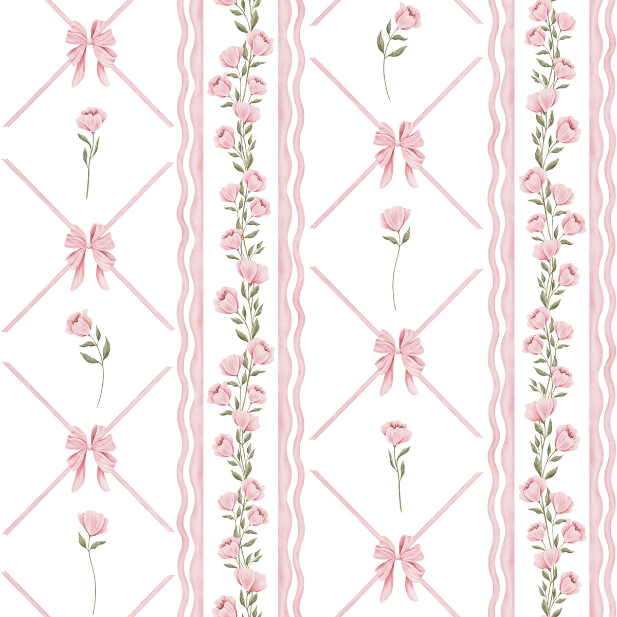 Delicate Pink Ribbon and Floral Stripe Wallpaper⁠ in your room