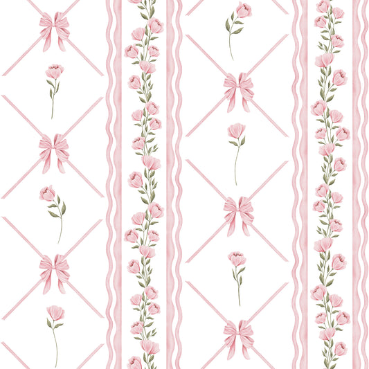 Delicate Pink Ribbon and Floral Stripe Wallpaper Wallpaper⁠
