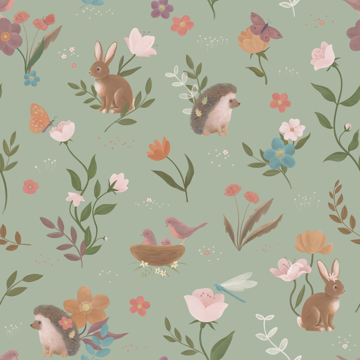 Whimsical Forest Friends Floral Meadow Green Wallpaper⁠ in your room — zoomed