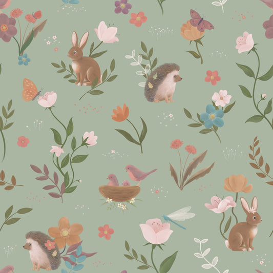 Whimsical Forest Friends Floral Meadow Green Wallpaper⁠